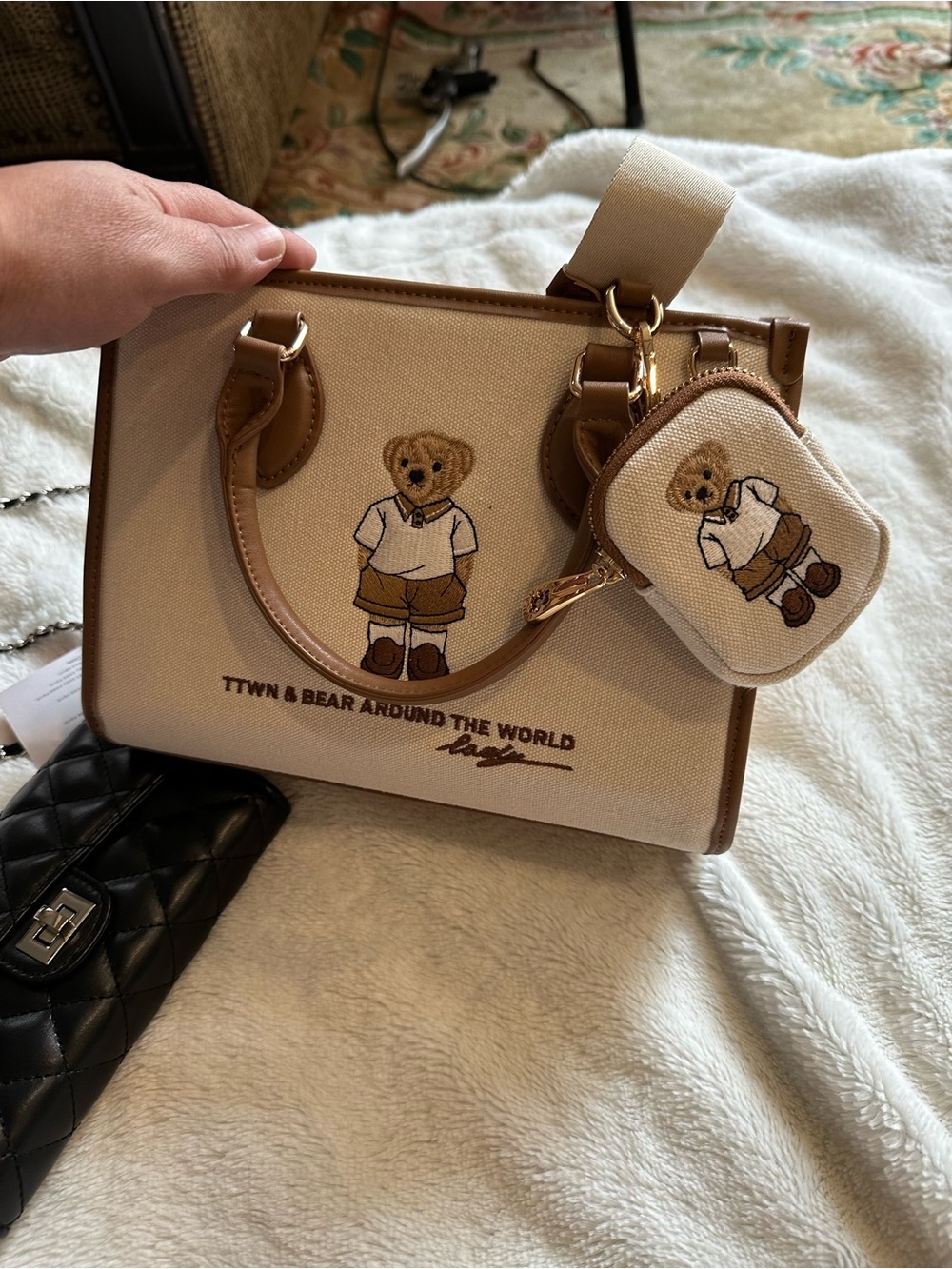 Canvas Bear Tote Bag in Beige and Tan - Cute Embroidered Design